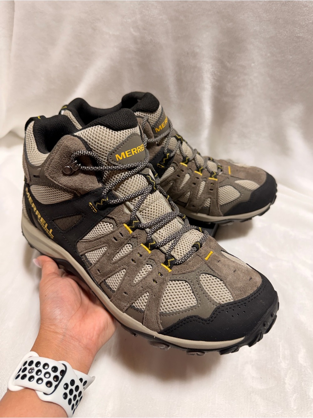Merrell Men's Hiking Boots in Taupe, Black & Yellow Accents - Picture 8 of 13